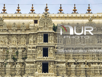 Detail of the carvings adorning the historic Sree Padmanabhaswamy Temple in Thiruvananthapuram (Trivandrum), Kerala, India, on April 09, 202...