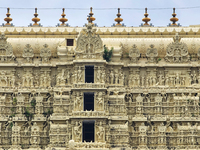 Detail of the carvings adorning the historic Sree Padmanabhaswamy Temple in Thiruvananthapuram (Trivandrum), Kerala, India, on April 09, 202...