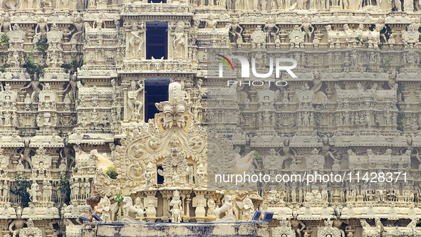 Detail of the carvings adorning the historic Sree Padmanabhaswamy Temple in Thiruvananthapuram (Trivandrum), Kerala, India, on April 09, 202...