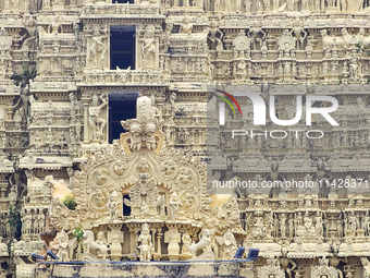 Detail of the carvings adorning the historic Sree Padmanabhaswamy Temple in Thiruvananthapuram (Trivandrum), Kerala, India, on April 09, 202...