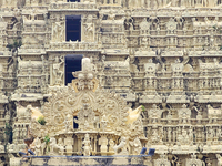 Detail of the carvings adorning the historic Sree Padmanabhaswamy Temple in Thiruvananthapuram (Trivandrum), Kerala, India, on April 09, 202...