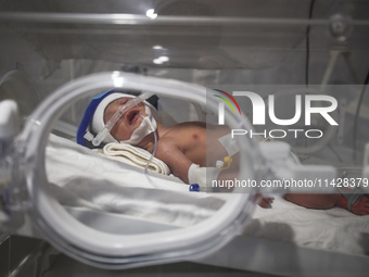 A Palestinian baby is lying in an incubator at the newborns' intensive care unit at the International Medical Corps field hospital, amid the...