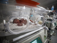 A Palestinian baby is lying in an incubator at the newborns' intensive care unit at the International Medical Corps field hospital, amid the...