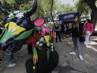 A woman is taking a photo of a fiberglass cow painting by an artist during the inauguration of the 'Cowparade Mexico 2024' on Avenida Reform...