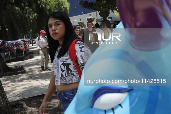 A woman is being seen during the inauguration of the 'Cowparade Mexico 2024' on Avenida Reforma in Mexico City, Mexico, on July 21, 2024. Co...