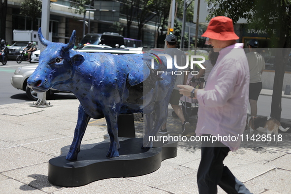 A man is being seen during the inauguration of the 'Cowparade Mexico 2024' on Avenida Reforma in Mexico City, Mexico, on July 21, 2024. CowP...