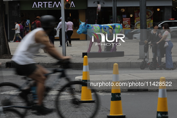 A cyclist is riding in front of a fiberglass cow painted by an artist during the inauguration of the 'Cowparade Mexico 2024' on Avenida Refo...