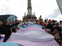 Activist Kenia Cuevas is leading a demonstration at the Angel de la Independencia for the ''Paola Buenrostro Law'', approved last Thursday b...