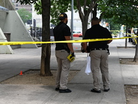 Crime scene investigators are placing evidence markers at the crime scene and are scouring the area for clues following an overnight fatal s...