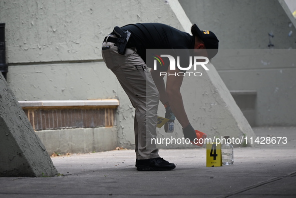 A crime scene investigator is placing an evidence marker at the crime scene where a shell casing is being discovered next to a bottle of liq...