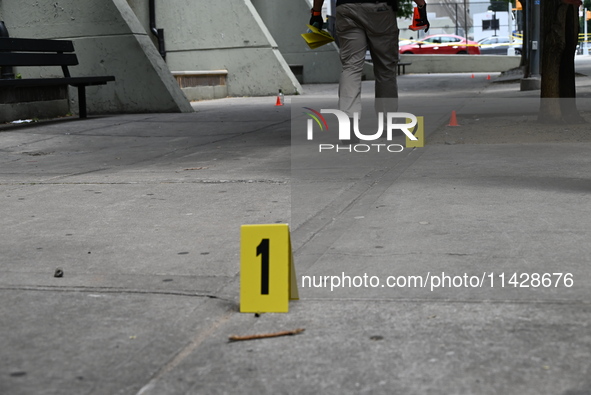 Evidence markers are being placed at the crime scene where shell casings are being discovered following an overnight fatal shooting in Bronx...