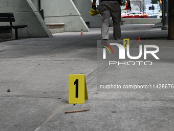 Evidence markers are being placed at the crime scene where shell casings are being discovered following an overnight fatal shooting in Bronx...