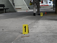 Evidence markers are being placed at the crime scene where shell casings are being discovered following an overnight fatal shooting in Bronx...