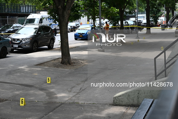 Evidence markers are being placed at the crime scene where shell casings are being discovered following an overnight fatal shooting in Bronx...