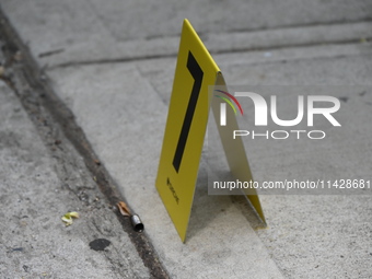 An evidence marker is being placed at the crime scene where a shell casing is being discovered following an overnight fatal shooting in Bron...