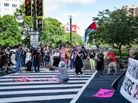 Pro-Palestinian activists demonstrate near the Watergate hotel ahead of the visit of Israeli Prime Minister Benjamin Netanyahu in Washington...