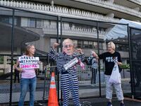 Pro-Palestinian activists demonstrate near the Watergate hotel ahead of the visit of Israeli Prime Minister Benjamin Netanyahu in Washington...