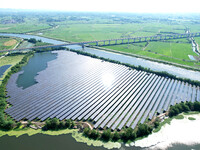 A 20MW distributed photovoltaic power station of the fishery-solar hybrid project is being shown in Xiage town of Chaohu city, in Chaohu, Ch...