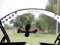 A drone is flying during the 2nd Drone Racing Tournament by the Federation of Military Technological Sports of Ukraine in Bilohorodka, Kyiv...