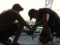 A participant in the 2nd Drone Racing Tournament by the Federation of Military Technological Sports of Ukraine is flying a drone in Bilohoro...