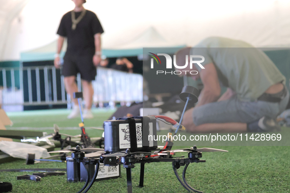 A cargo drone is being seen during the 2nd UAV racing tournament of the Federation of Military Technological Sports of Ukraine in Bilohorodk...