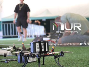 A cargo drone is being seen during the 2nd UAV racing tournament of the Federation of Military Technological Sports of Ukraine in Bilohorodk...