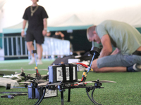 A cargo drone is being seen during the 2nd UAV racing tournament of the Federation of Military Technological Sports of Ukraine in Bilohorodk...