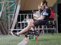 A cargo drone is being seen during the 2nd Drone Racing Tournament by the Federation of Military and Technological Sports of Ukraine in Bilo...