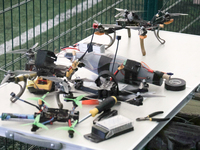 Drones are being seen during the 2nd Drone Racing Tournament by the Federation of Military Technological Sports of Ukraine in Bilohorodka, K...