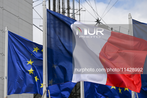 PARIS, FRANCE - JULY 22:   
French and European flags, on July 22, 2024, in Paris France. 