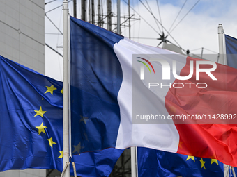 PARIS, FRANCE - JULY 22:   
French and European flags, on July 22, 2024, in Paris France. (