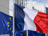 PARIS, FRANCE - JULY 22:   
French and European flags, on July 22, 2024, in Paris France. (