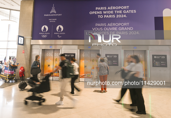 PARIS, FRANCE - JULY 22:   
Paris 2024 Olympics and Paralympics logos are seen all around Paris airports as more participants, fans, and sup...