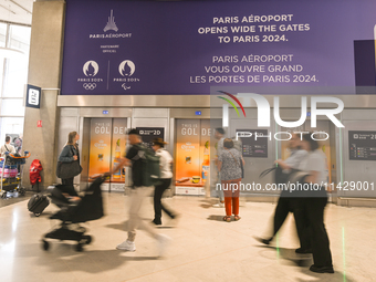 PARIS, FRANCE - JULY 22:   
Paris 2024 Olympics and Paralympics logos are seen all around Paris airports as more participants, fans, and sup...