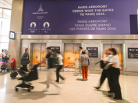 PARIS, FRANCE - JULY 22:   
Paris 2024 Olympics and Paralympics logos are seen all around Paris airports as more participants, fans, and sup...