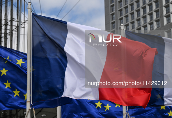 PARIS, FRANCE - JULY 22:   
French and European flags, on July 22, 2024, in Paris France. 