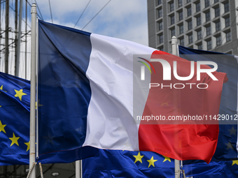 PARIS, FRANCE - JULY 22:   
French and European flags, on July 22, 2024, in Paris France. (