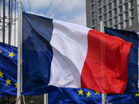 PARIS, FRANCE - JULY 22:   
French and European flags, on July 22, 2024, in Paris France. (