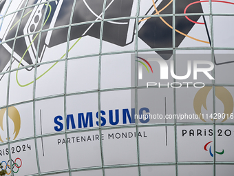 PARIS, FRANCE - JULY 22:   
A giant Samsung advertisement with Paris 2024 Olympic and Paralympic Games logos, on July 22, 2024, in Paris Fra...