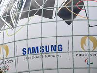 PARIS, FRANCE - JULY 22:   
A giant Samsung advertisement with Paris 2024 Olympic and Paralympic Games logos, on July 22, 2024, in Paris Fra...