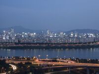 An evening view of Seoul's Han River and Gangnam, seen from Eungbongsan in Seoul, South Korea, on October 10, 2023. Eungbongsan is a mountai...