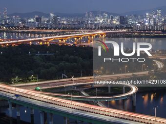 An evening view of Seoul's Han River and Gangnam, seen from Eungbongsan in Seoul, South Korea, on October 10, 2023. Eungbongsan is a mountai...