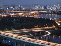 An evening view of Seoul's Han River and Gangnam, seen from Eungbongsan in Seoul, South Korea, on October 10, 2023. Eungbongsan is a mountai...