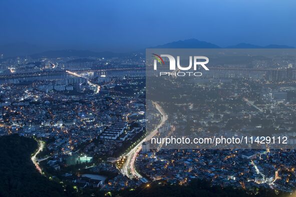 An evening view of Seoul's Itaewon and Gangnam is being seen from the N Seoul Tower in Seoul, South Korea. The N Seoul Tower is a communicat...