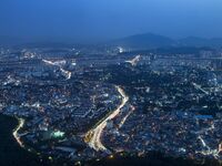 An evening view of Seoul's Itaewon and Gangnam is being seen from the N Seoul Tower in Seoul, South Korea. The N Seoul Tower is a communicat...