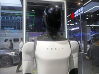 Visitors are viewing Tesla's humanoid robot Optimus Prime II at WAIC in Shanghai, China, on July 7, 2024. (