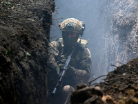 A serviceman of the 3rd Colonel Petro Bolbochan Brigade of Operational Assignment of Ukraine's National Guard (also known as the Spartan Bri...