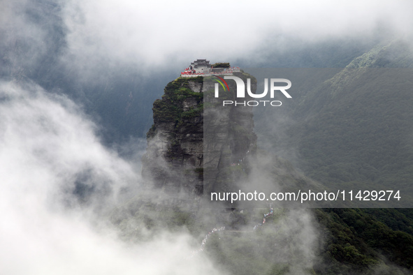 An aerial photo is showing Mount Fanjing goldentop in Tongren city, Guizhou province, China, on July 16, 2024. 