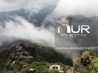 An aerial photo is showing Mount Fanjing goldentop in Tongren city, Guizhou province, China, on July 16, 2024. (