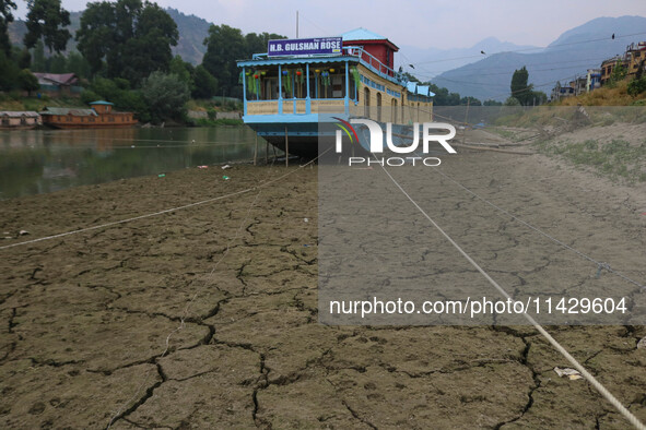 Owners are fixing wooden logs at the bottom to keep the balance of the houseboat on the dry beds of river Jhelum, as the dry spell is contin...